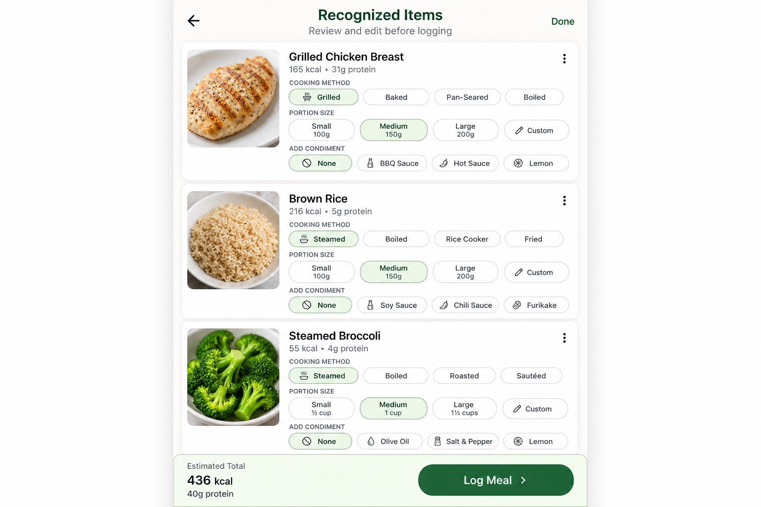 Edit and confirm recognized foods
