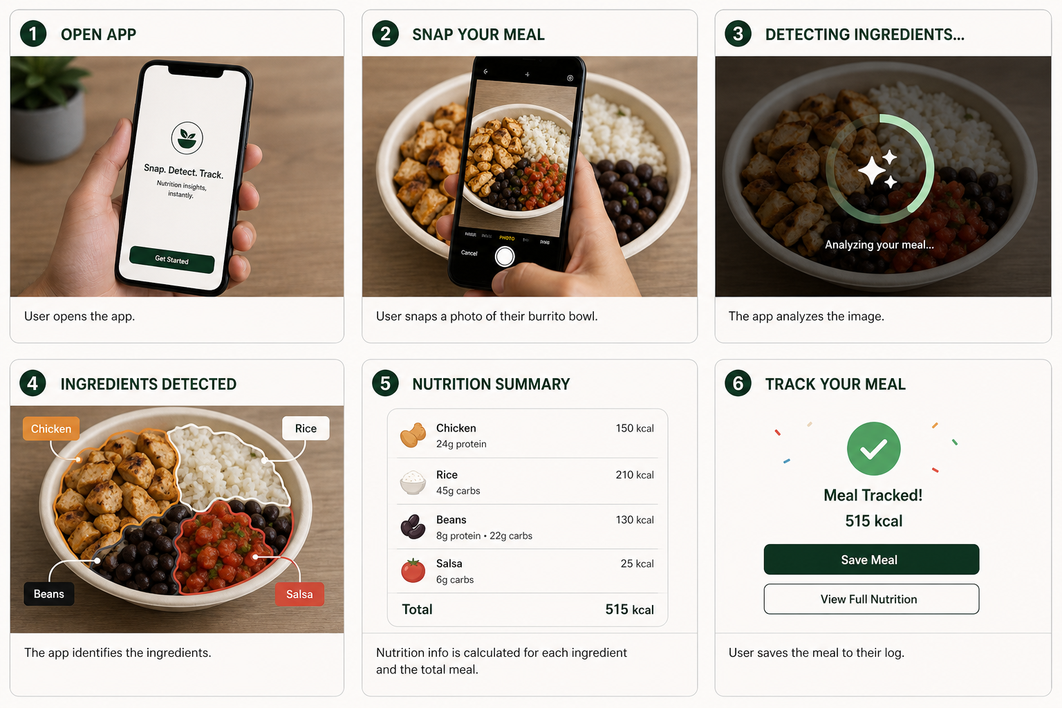 Photo calorie counter app flow for gym meals