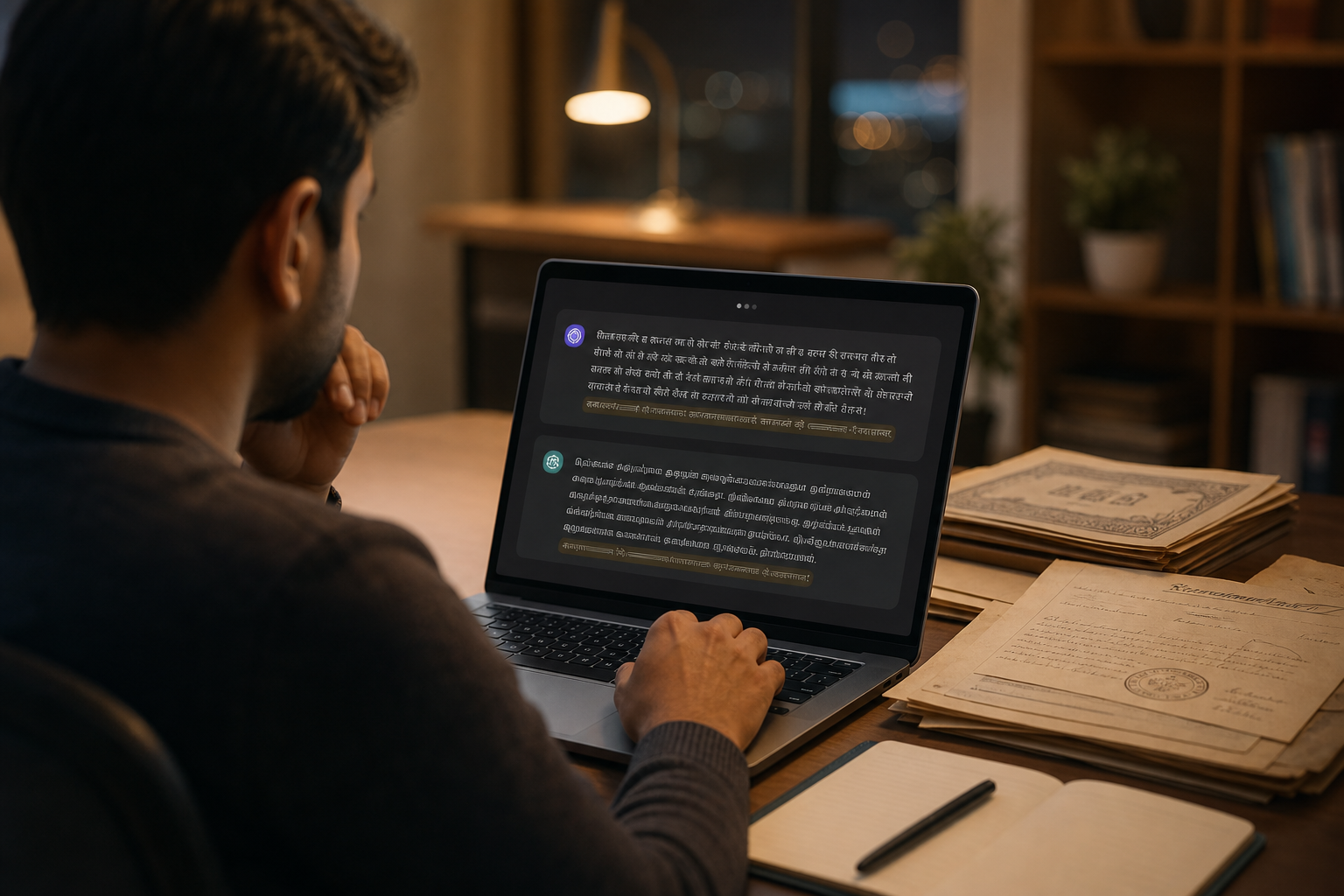 get ai legal advice in Hindi and Tamil. NRI using laptop with bilingual legal documents and a chat window showing Hindi and Tamil queries and statute citations